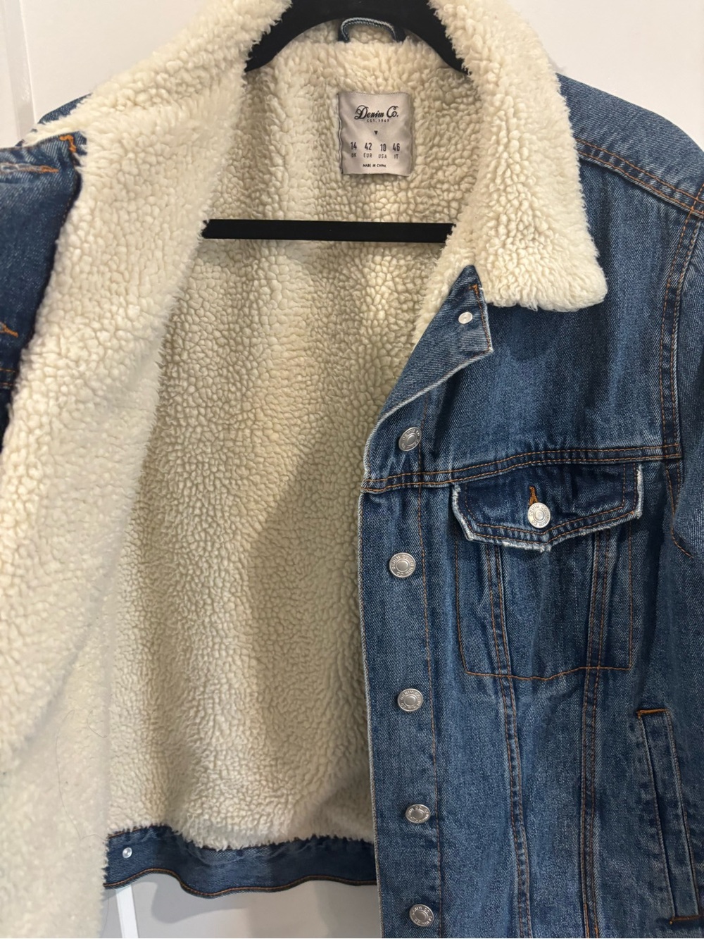 WOMENS Denim & CO. Sherpa-Lined Denim Jacket medium blue snaps on front SZ 14 - Picture 3 of 10